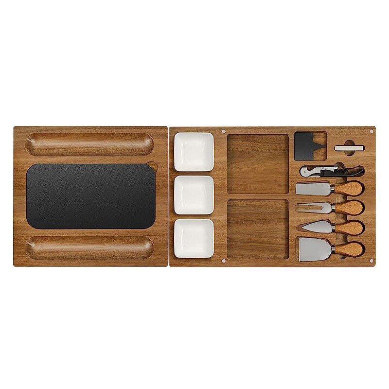 Paleta de madera transfronteriza Plato de comedor rectangular con conjunto de cuchillos Plato de madera de pizarra de cerámica de doble capa de almacenamiento conjunto de tablero de queso