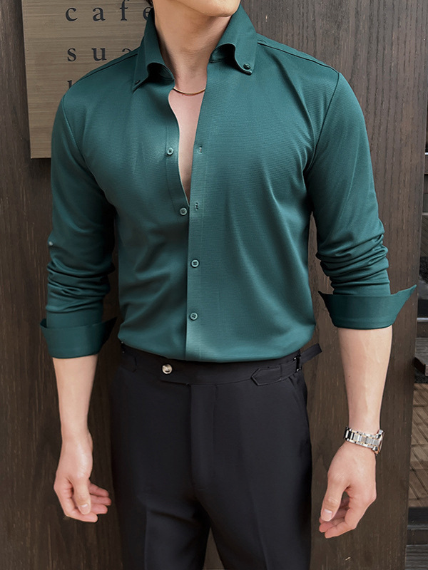 Light Luxury Men's Spring New Waffles V-neck Long-sleeved Shirt Texted Traceless Draped Base Shirt for Young Men