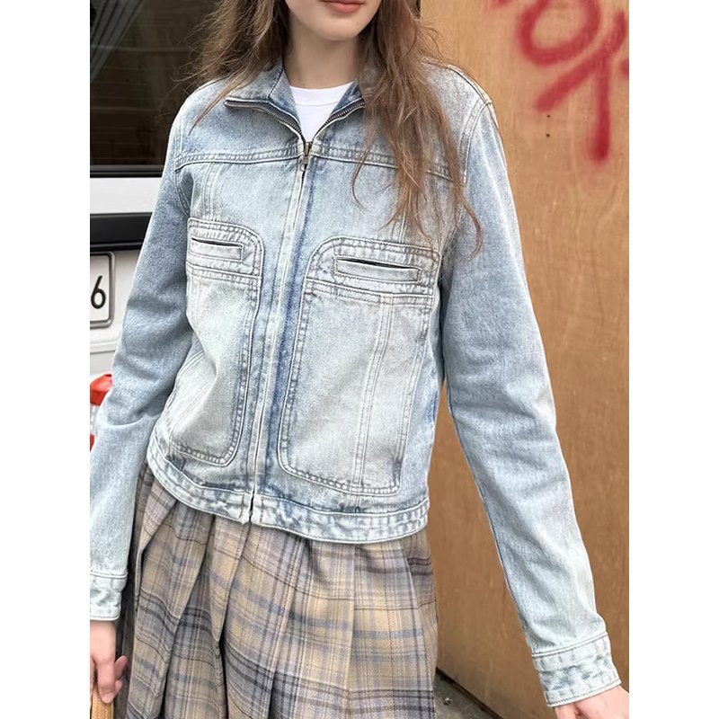 街头复古做旧浅蓝色牛仔外套女春秋新款设计感小个子夹克短款上衣|undefined