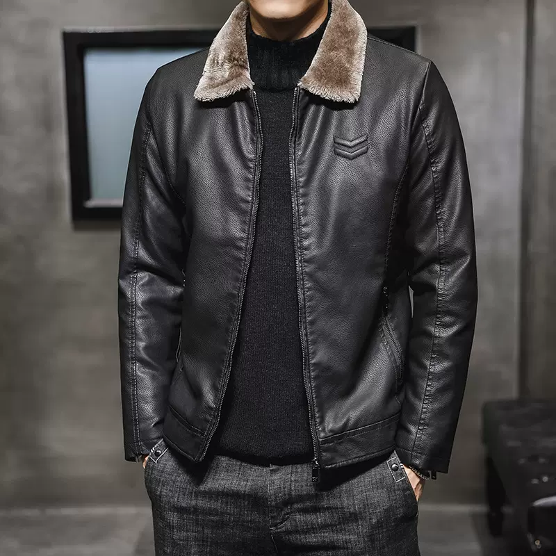 跨境爆款加厚绒皮夹克PU皮男士皮衣秋冬轻商务休闲宽松翻领外套男