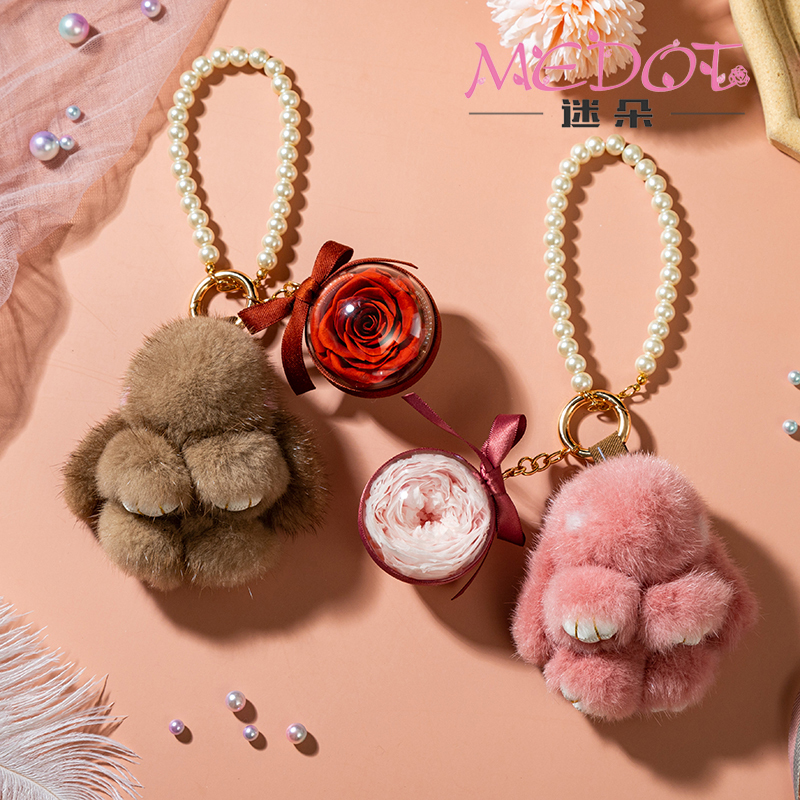 Eternal Flower Keychain Finished Mink Fur Rabbit Pendant Preserved Flowers Valentine's Day Christmas Gift Factory Straight Hair