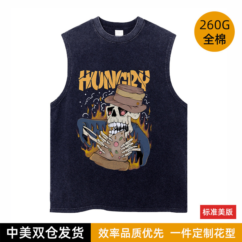 Funny Skull Hungry Printed Dark Trendyy Vest Men's Summer Western Retro Washed Sleeveless T-Shirt