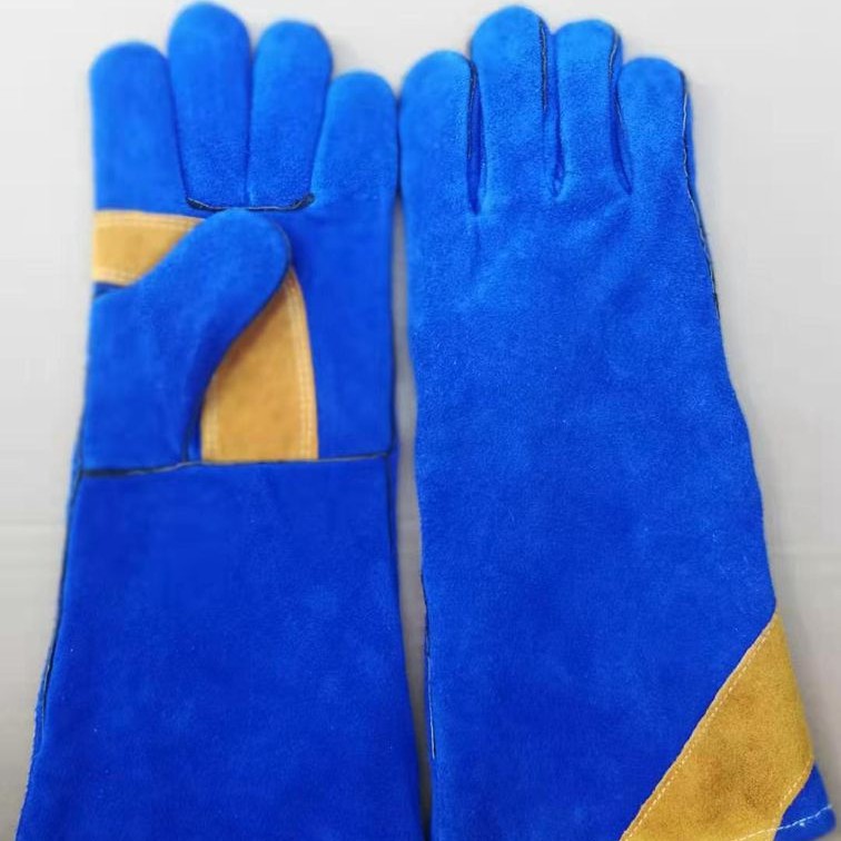蓝色十黄色的牛二层16寸电焊手套皮革手套批发
