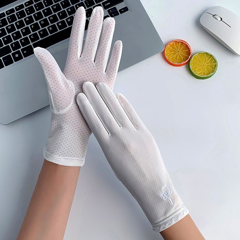 Guantes de protección solar de las mujeres fina protección UV seda de hielo alta elástica verano al aire libre equitación arco guantes de pantalla táctil