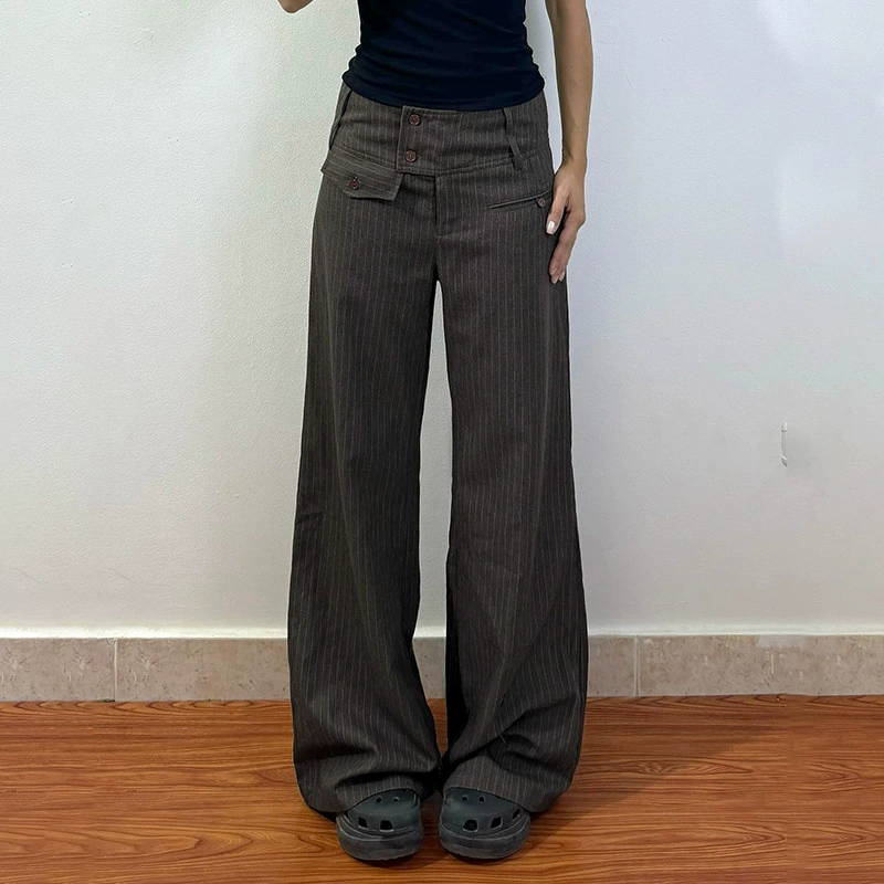 Внешняя торговля американский ретро полосатый дизайн чувство талии голова свободная крышатая прямая брюки темперамент пригородные брюки с низкой талией