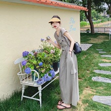 灰色韩系时尚工装连衣裙女夏季新款慵懒风收腰超长及踝衬衫裙
