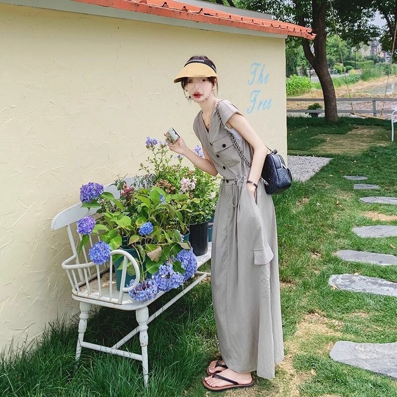 Gray Korean-Style Fashionable Workwear Dress for Women, New Summer Style, Lazy Style, Waist-Cinching, Extra-Long Ankle-Length Shirt Dress