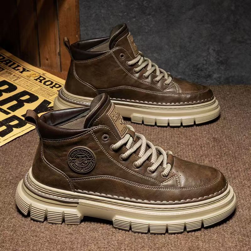 Autumn Height-Increasing Men's Casual Leather Shoes Waterproof Mid-Top Work Boots Retro Martin Boots Men's High-Top British Style Genuine Leather