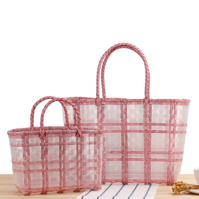 店长格子条纹手拎菜篮子透明防水塑料沙滩手工编织包购物袋|ms