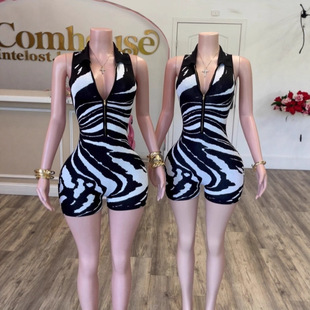 2025 Summer European and American Cross-Border Fashion Sexy Hot Girl Zipper Half Open Collar Sleeveless Striped Printed Jumpsuit Shorts