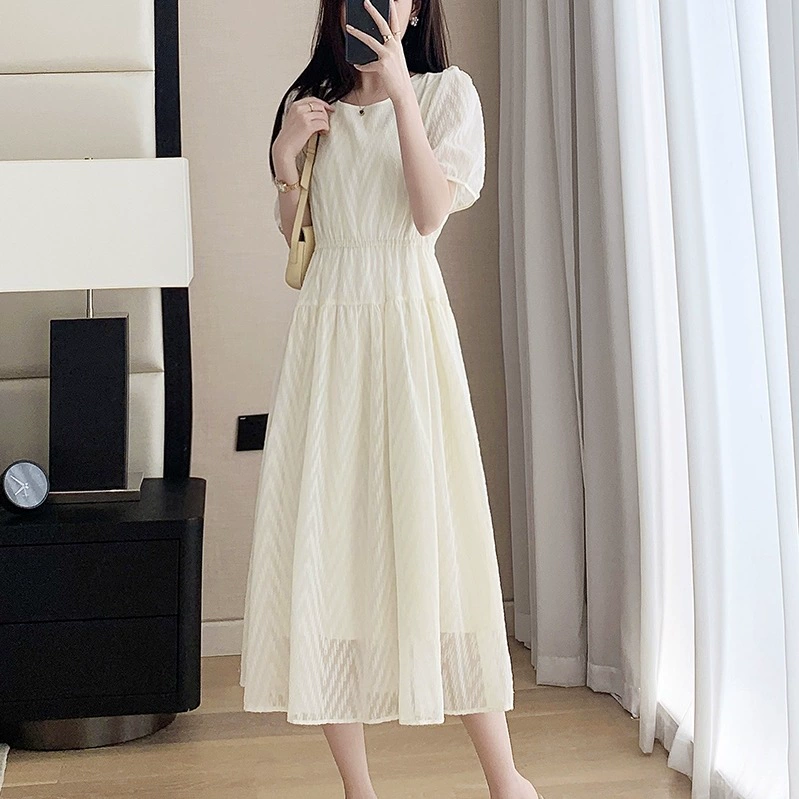 Миниатюрное шифоновое платье для женщин, лето 2025, новое элегантное платье трапециевидной формы с круглым вырезом для похудения для женщин