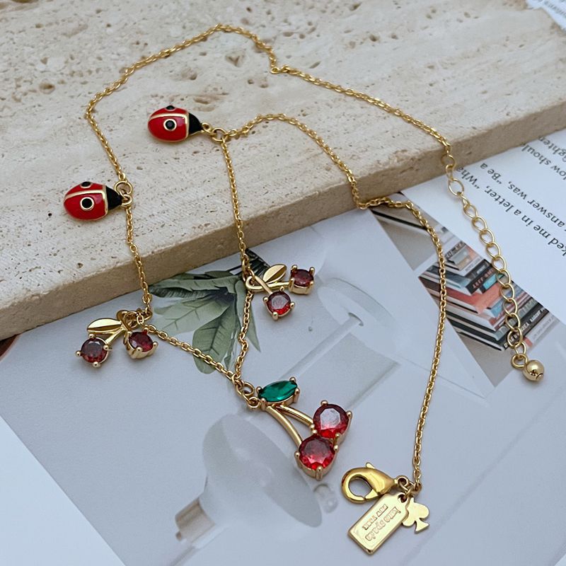 Copper Material Cherry, Ladybugs Pattern Wholesale Jewelry Sweet Cherry Ladybugs Copper 18K Gold Plated Plating Cable Chain Necklace