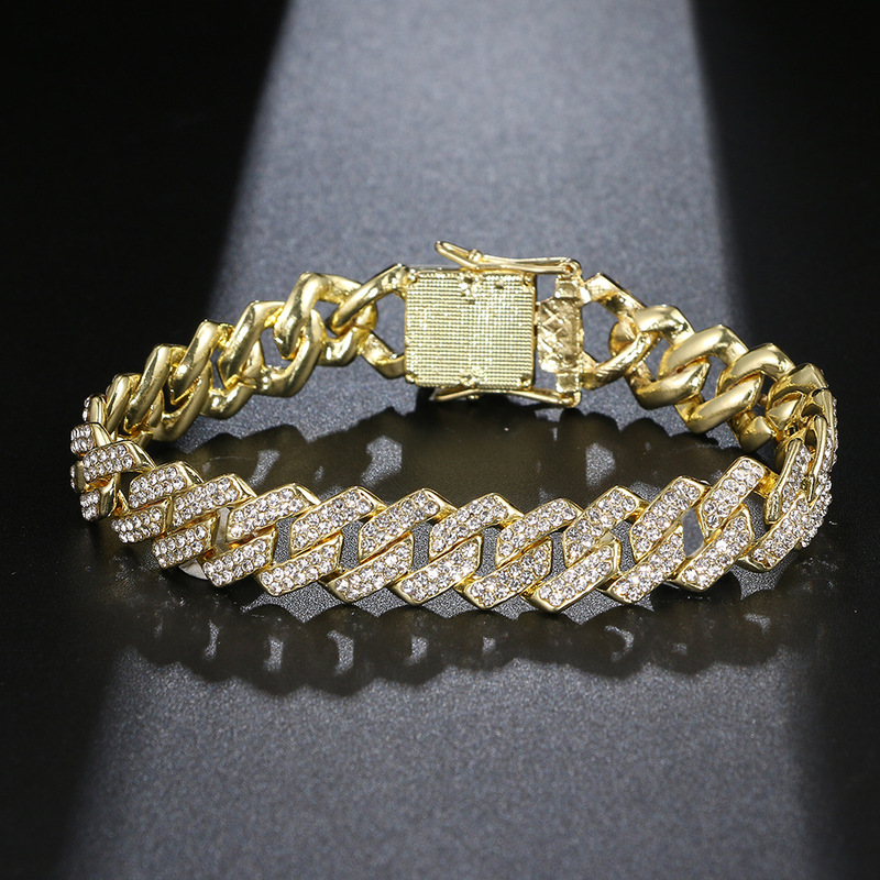 European and American Cross-border Hip Hop Bracelet Micro-inlaid Zircon Men's Bar Cuba Chain 14mm Diamond Cuba