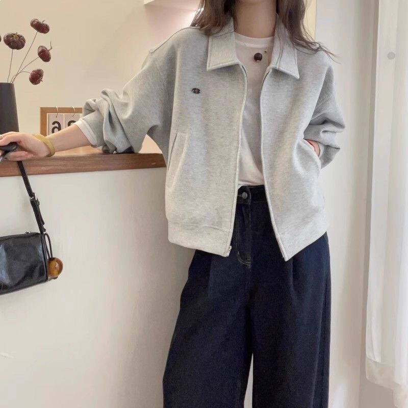 American Retro Sweatshirt Jacket for Women, New Autumn and Winter Style, Plus-Size Loose Fit, Slimming Jacket, Cardigan, Basic Top