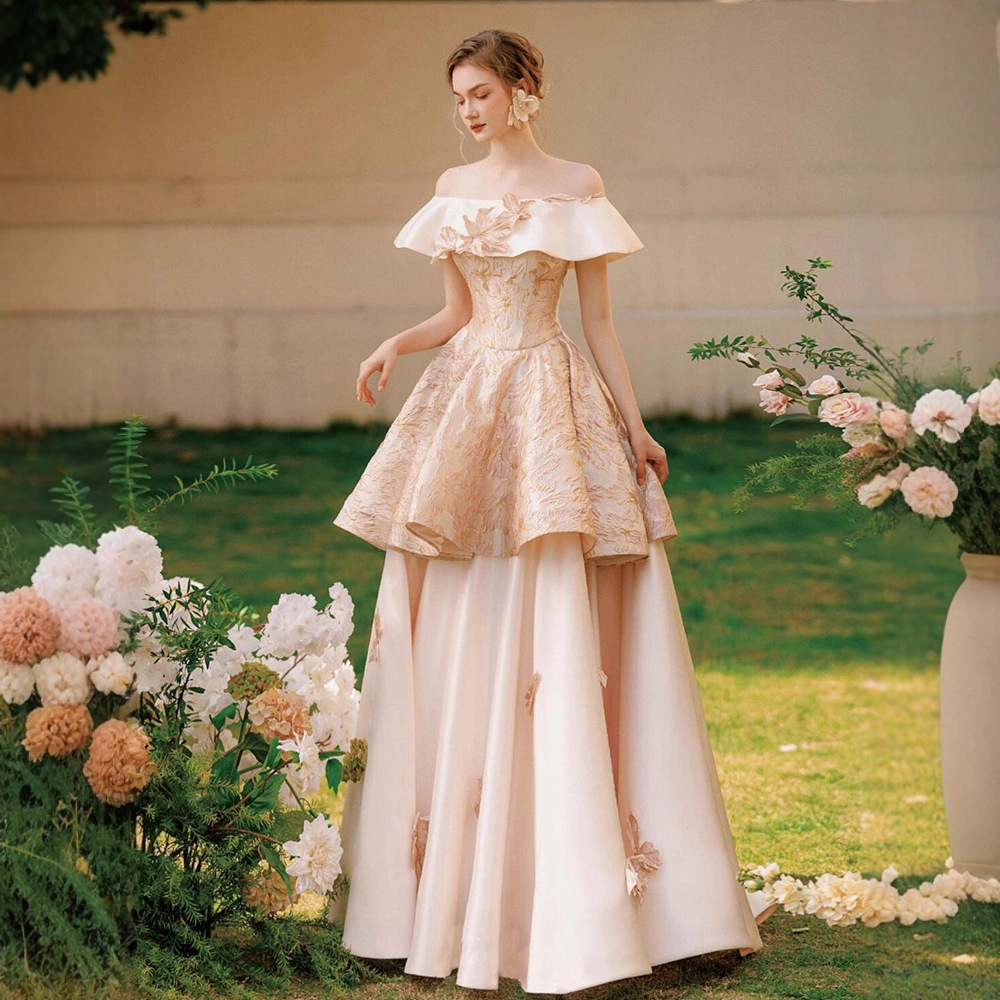 Pink Engagement Evening Dress for Women, High-End Tube Top, One-Shoulder Toast Dress, Banquet Host French Adult Dress