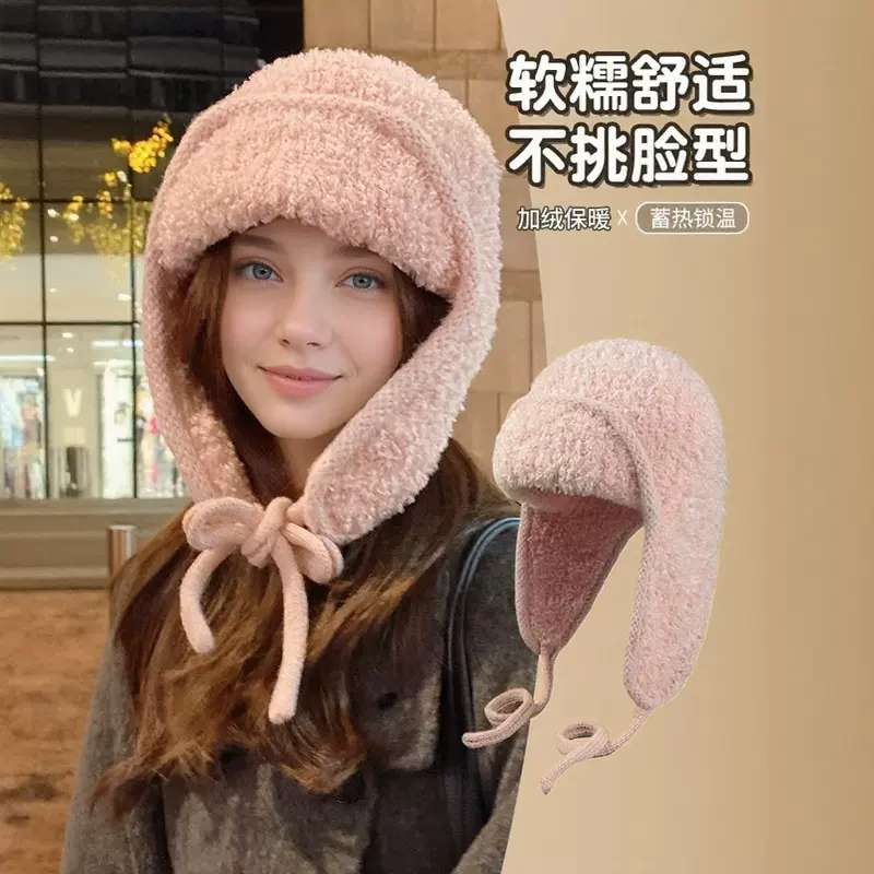 冬季纯色泰迪绒飞行帽女士防寒护耳毛线帽大头围时尚保暖针织帽子