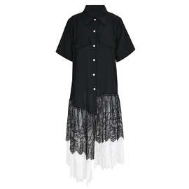 黑白撞色蕾丝拼接设计款休闲短袖连衣裙女不对称单排扣衬衫式裙子