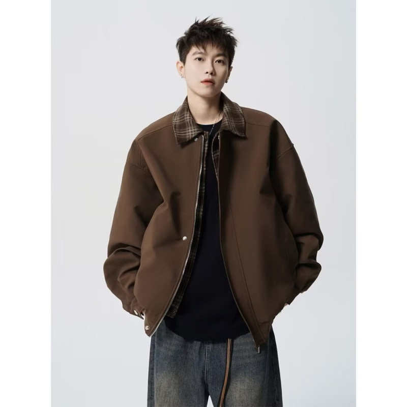 American Fake Two-Piece Jacket Men's Spring and Autumn New Trendy Brand Plaid Splicing Jacket High Street Loose Casual Jacket Men's Clothing