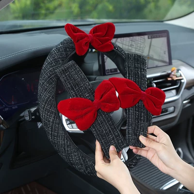 car interior accessory set, Steering wheel cover - chanel-style-three-piece-black-set-38cm