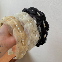 韓版新款網紗麻花辮子寬邊發箍珍珠鏈條滿天星編織頭箍高顱頂頭飾