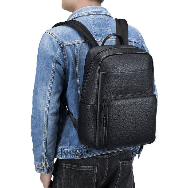 First-Layer Cowhide Backpack, Black Soft Leather Casual Men's Bag, Fashionable Multi-Functional Backpack, Outdoor Motorcycle Bag B006