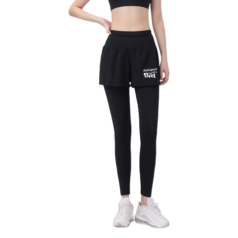 Pantalones de tenis base de cuidado de la piel de secado rápido deportivos de alta elasticidad de dos piezas falsos para mujeres pantalones de yoga de fitness para correr al aire libre