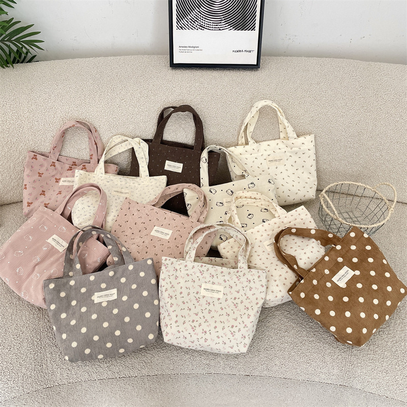 51143 Corduroy Floral Handbag for Work, Simple Handbag, Lunch Box, Shopping Bag, Miscellaneous Bag