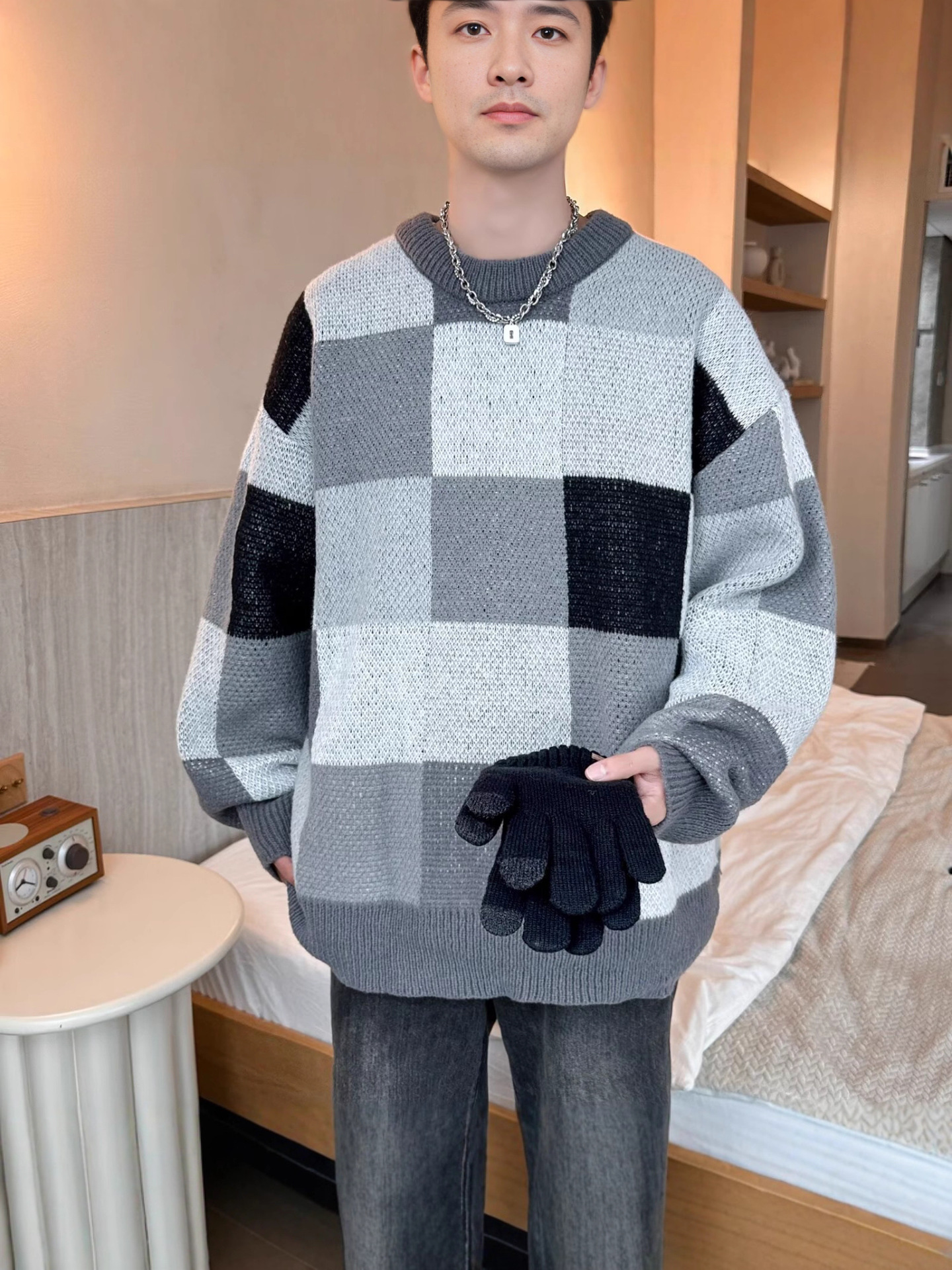 Suéter de tablero de ajedrez de Navidad para hombres invierno de alta calidad camiseta de punto suelta perezosa americana chaqueta de hilo retro