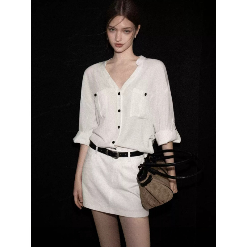 【Qiaomi】Lyocell Linen White V-Neck Long Sleeve Shirt for Women 2026 Autumn Sun-Protective Loose Slimming Top