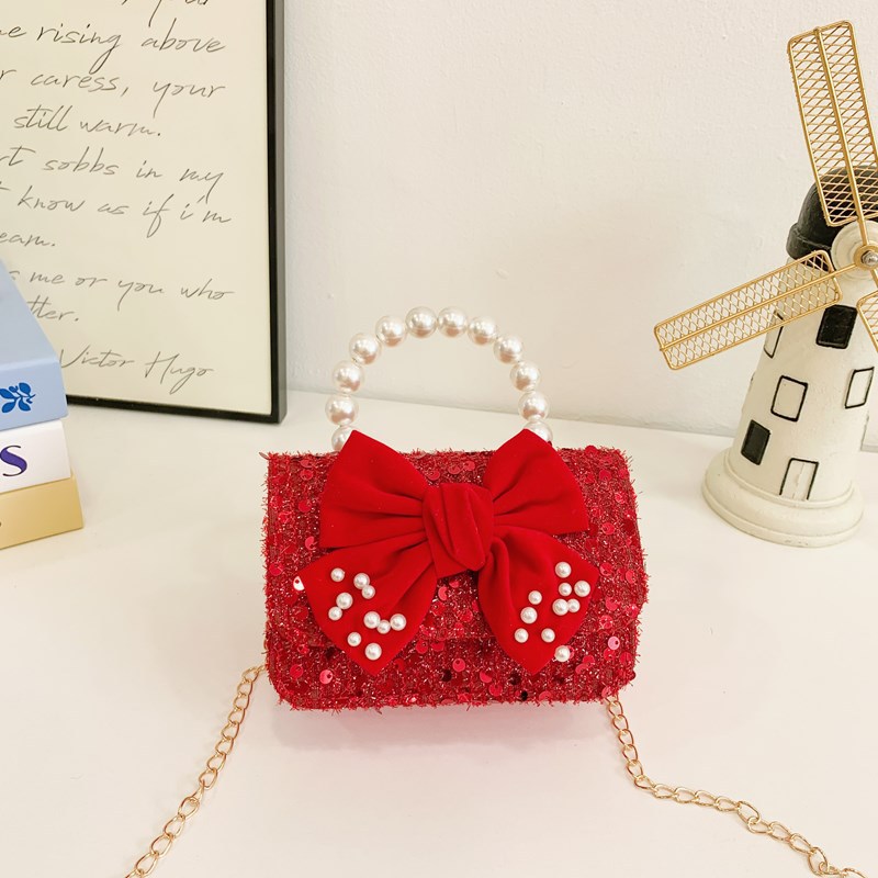 2025 rojo festivo bolso de Año Nuevo para niños estilo occidental perla bolso de niña hilo bordado bowknot bandolera para niños