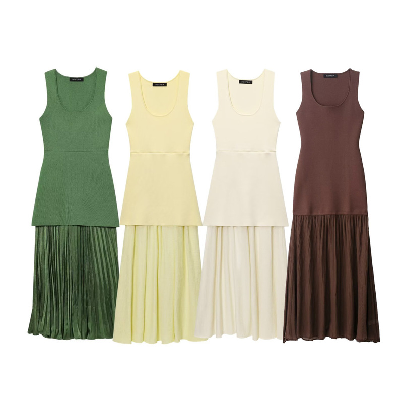 Aliexpress Foreign Trade Wholesale 2025 Summer New European and American Style Knitted Small Pleated Patchwork Dress Aliexpress Foreign Trade Wholesale 2025 Summer New European and American Style Knitted Small Pleated Patchwork Dress