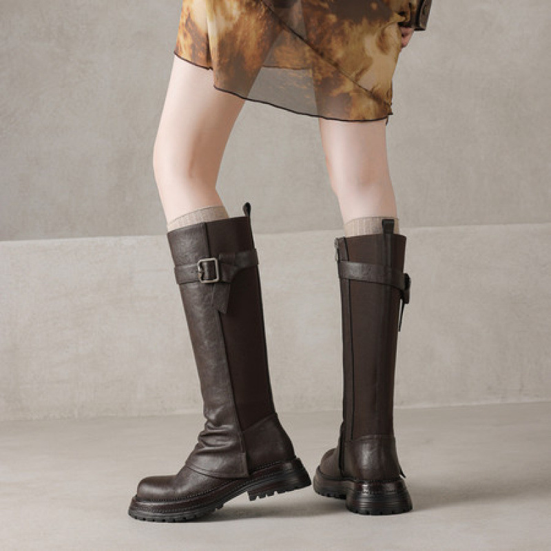 2025冬季新款厚底松紧带拼接厚底裤管靴女不过膝骑士靴气质西部靴