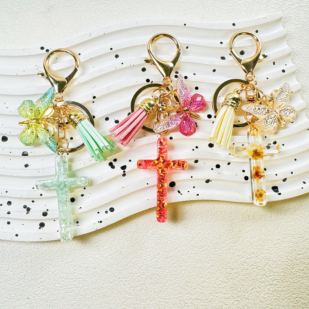 16g Weight Sequins Inlay Material Keychain Classification Daily Occasion Epoxy Material Cross, Butterfly Pattern Women's Gender Sweet Style Cross Butterfly Keychain Epoxy Sequins Women's Sweet Keychain 1