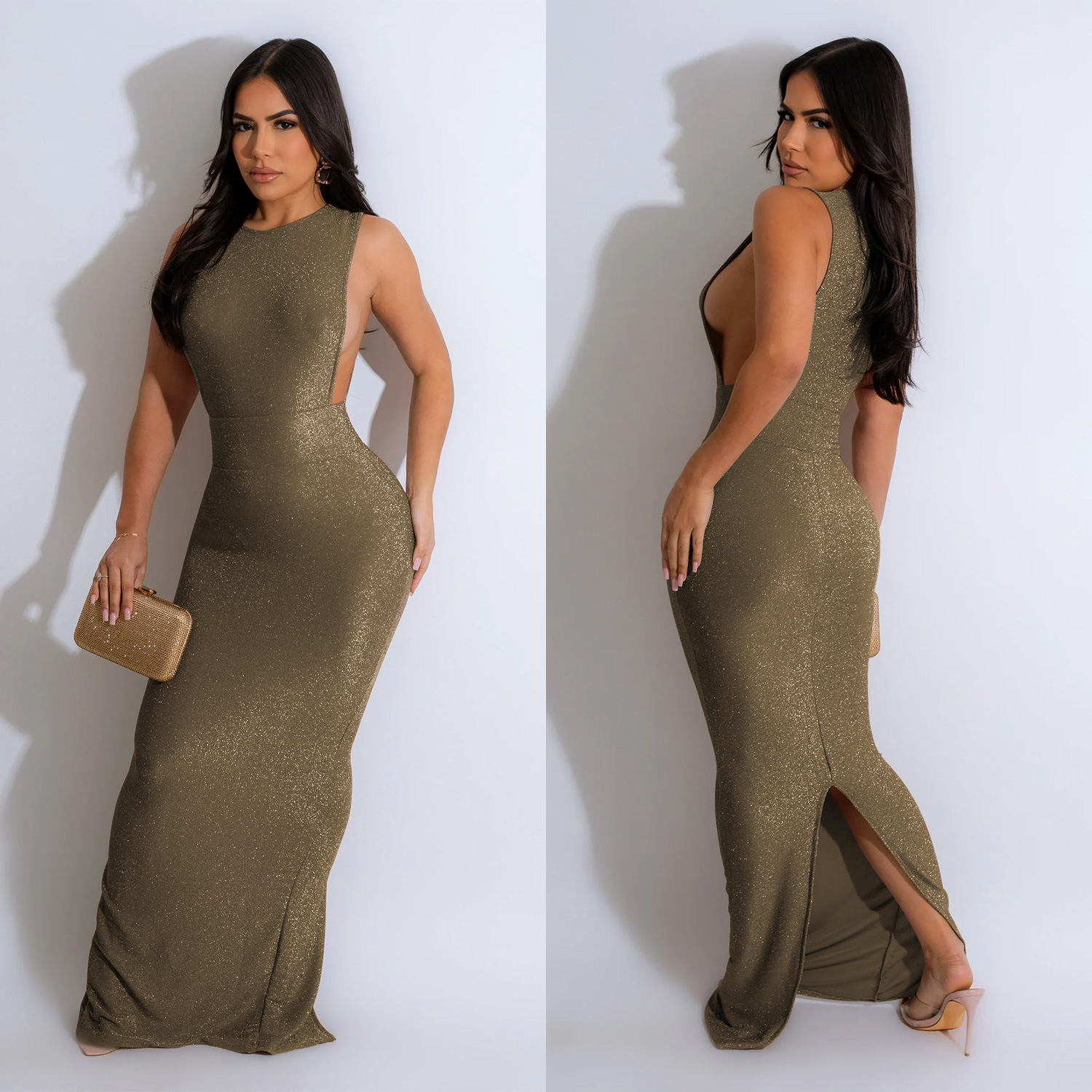 C6791 transfronteriza AliExpress Amazon moda europea y americana de las mujeres de color sólido cuello redondo sin mangas vestido partido image 3