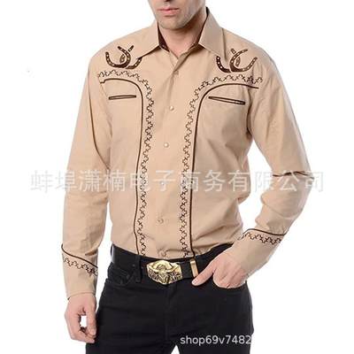 2023 AliExpress Cross-border New Men's Fashion Casual Shirt American Western Style Printed Loose Long Sleeve Lining