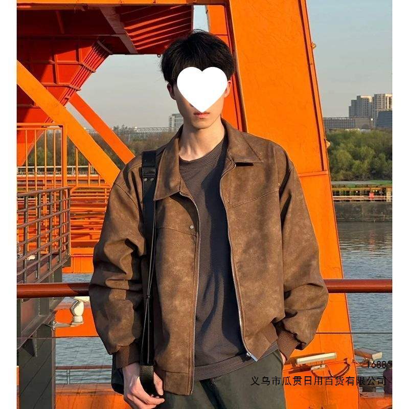 PU leather American retro studded jacket for men, spring and autumn suede lapel baseball jacket, Melard couple's leather coat