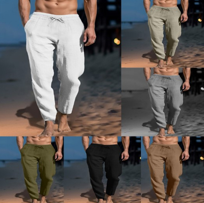 New Men's Solid Color Drawstring Cotton And Linen Loose Beach Casual Pants Slim