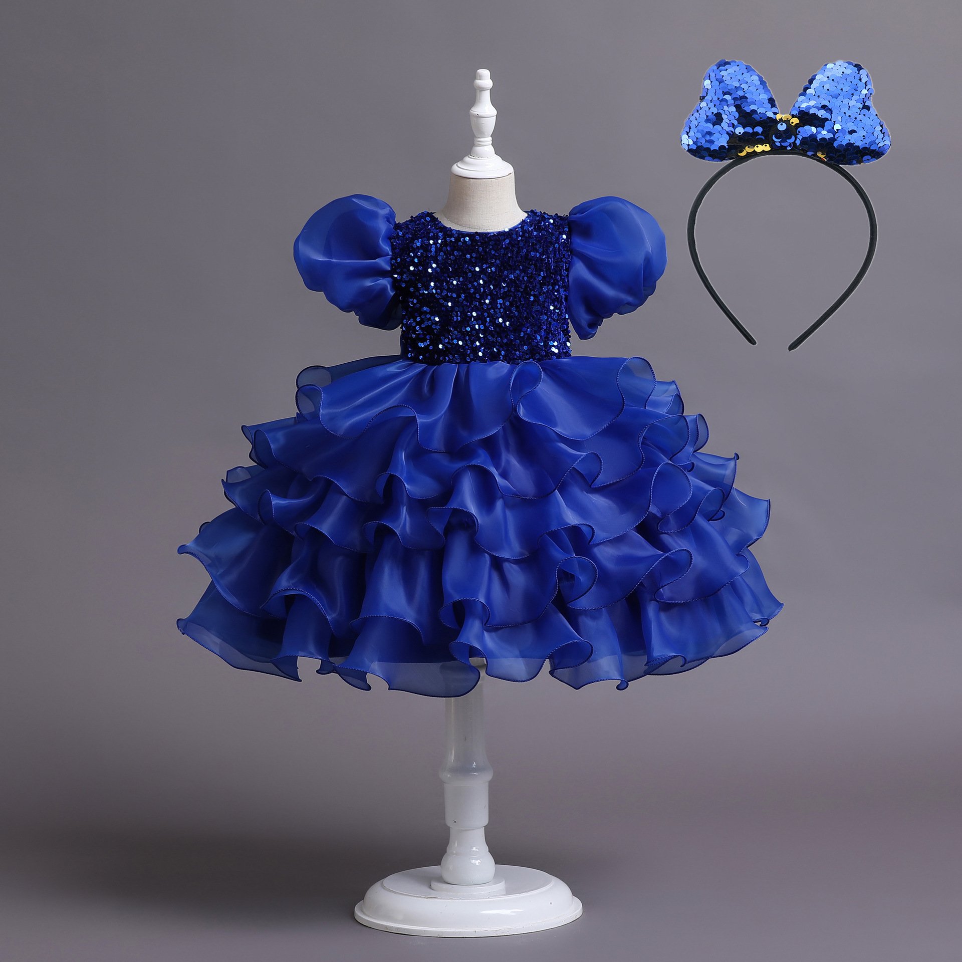 thumbnail image 4 of Vestido de princesa con mangas abullonadas y lentejuelas para niños, vestido de boda, pasarela, disfraz de presentadora, 4 of 6