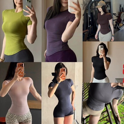 Round-neck basic high-elasticity versatile yoga T-shirt, waist-cinching slimming fitness short-sleeve modal cotton sports top for women