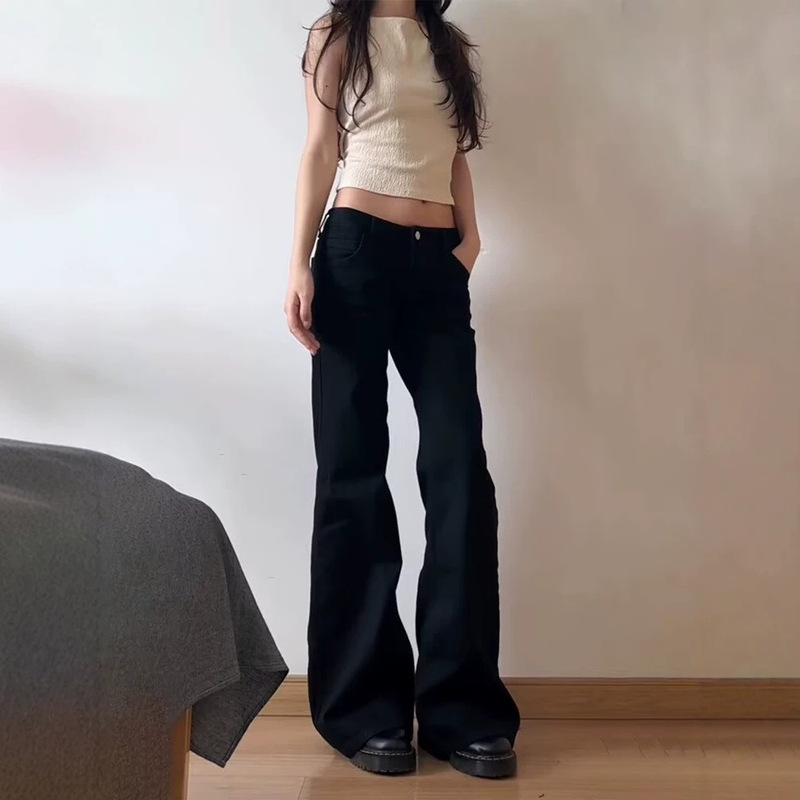 American retro black wide-leg flared jeans for women, loose fit, slimming, extra-long for tall individuals, floor-length pants American retro black wide-leg flared jeans for women, loose fit, slimming, extra-long for tall individuals, floor-length pants