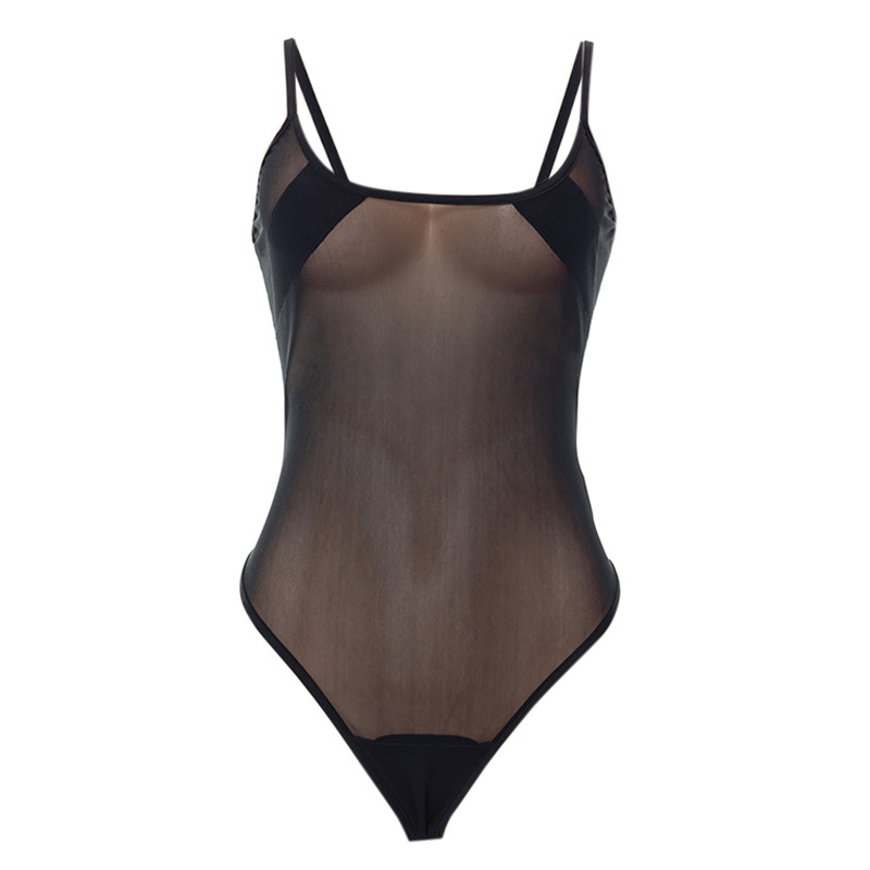 lencería sexy de una sola pieza con costuras de malla transparente negra sexy NSLHC123466