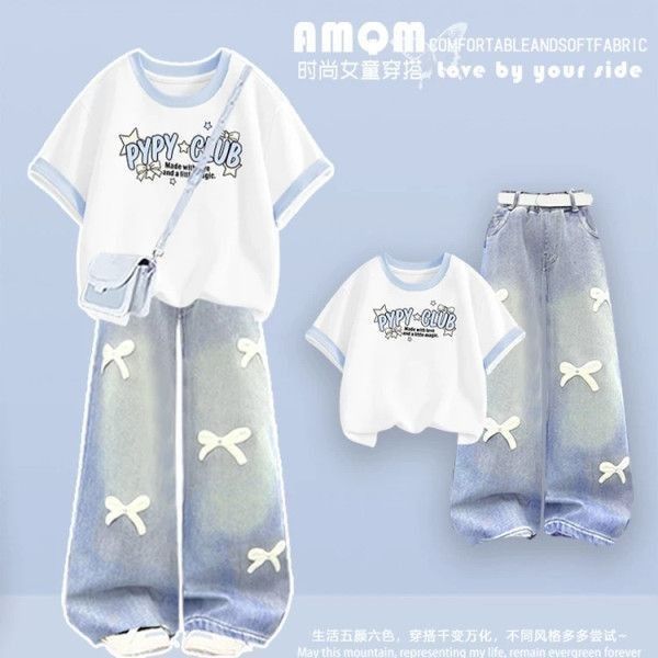 New Korean style summer outfit for girls, featuring a short-sleeved top and jeans for medium and large girls.
