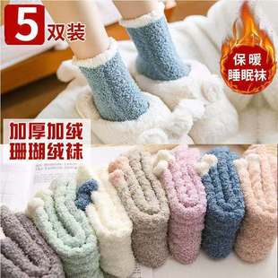 Coral velvet socks women's thickened towel floor sleeping long confinement socks autumn and winter home warm mid-calf length socks fleece-lined