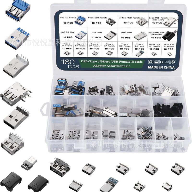 180Pcs USB 2.0 3.0 Type a Type C Micro USB Connection Box Male Female Plug-In Board Mini