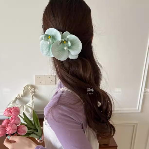 Chica caliente con flores naranjas orquídeas mariposa clips de cabello vacaciones fotos atmósfera clips de cabello