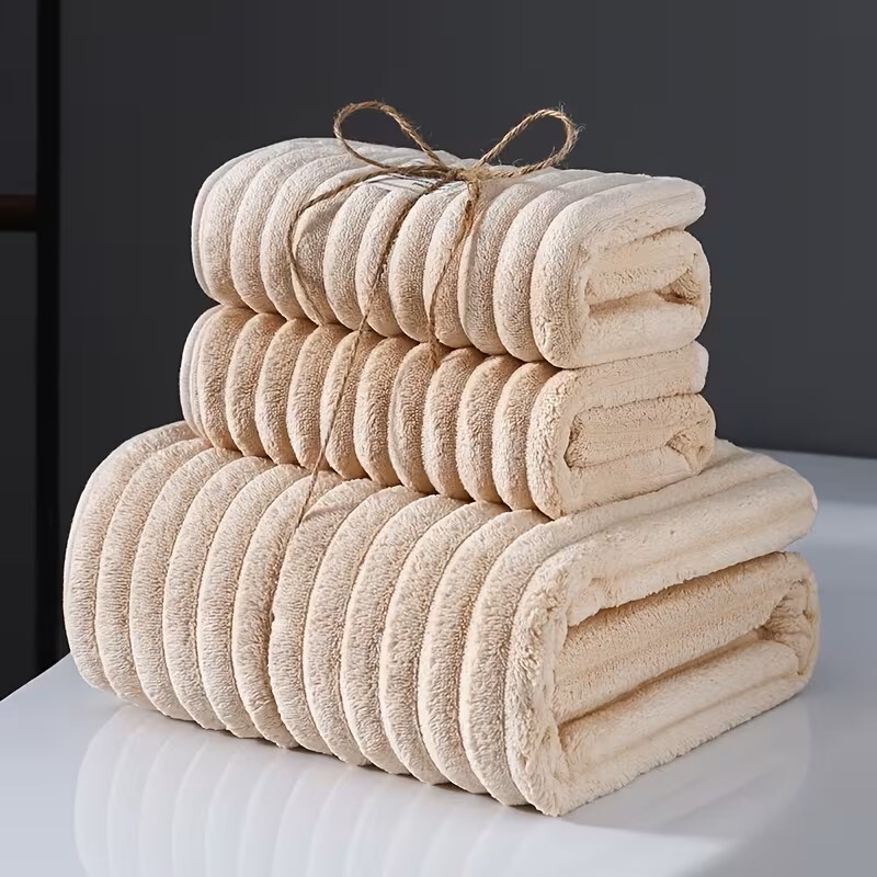 Cross-Border Wholesale Towel and Bath Towel 3-Piece Set Coral Fleece Quick-Dry Bathroom Towels Thickened and Enlarged with High Absorbency