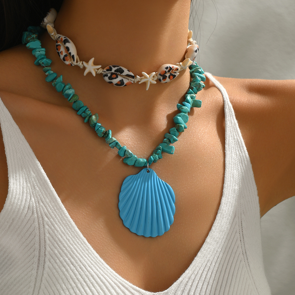 Blue Shell Layered Necklace For Summer Vacation Style_voghion.com