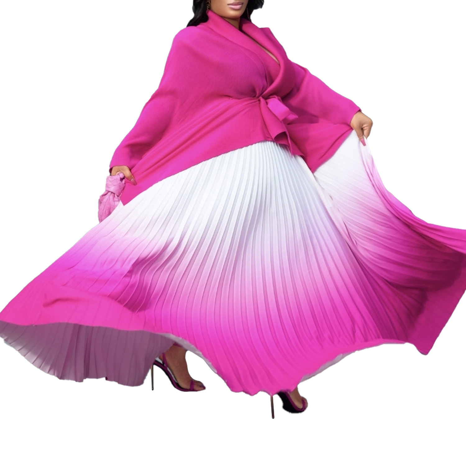 Damenbekleidung plissierter unregelmäßiger Schnürer oben mit Farbverlaufsrock zweiteiliger Anzug_voghion.com