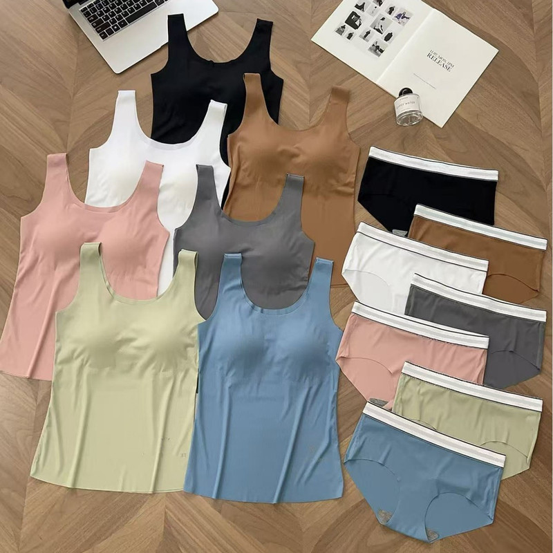 Women's Invisible Seamless U-Neck Underwear Set, Non-Returnable, High-Elastic Ice Silk Cool Vest and Panties, Women's V-Style S