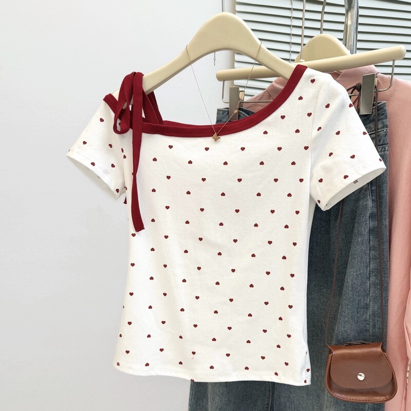Korean Red Heart Polka Dot Oblique Shoulder Off-Shoulder Bow Pure Desire Short-Sleeved T-Shirt Women's Summer Strappy Slim Top